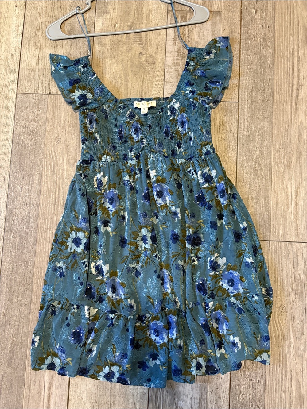 Smocked Floral Mini Dress in Teal Blue